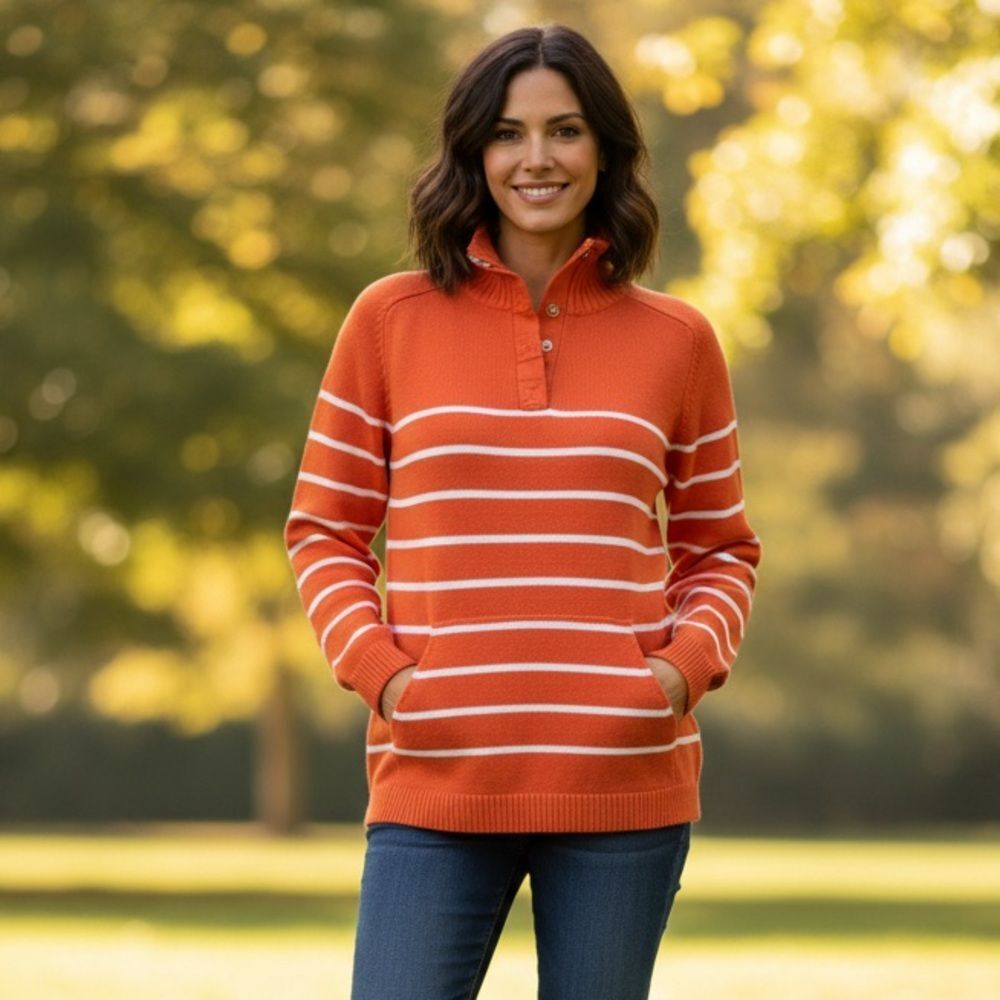 IZOD Orange & White Striped Cotton Mock Turtleneck Snap-Button Sweater Sz Medium